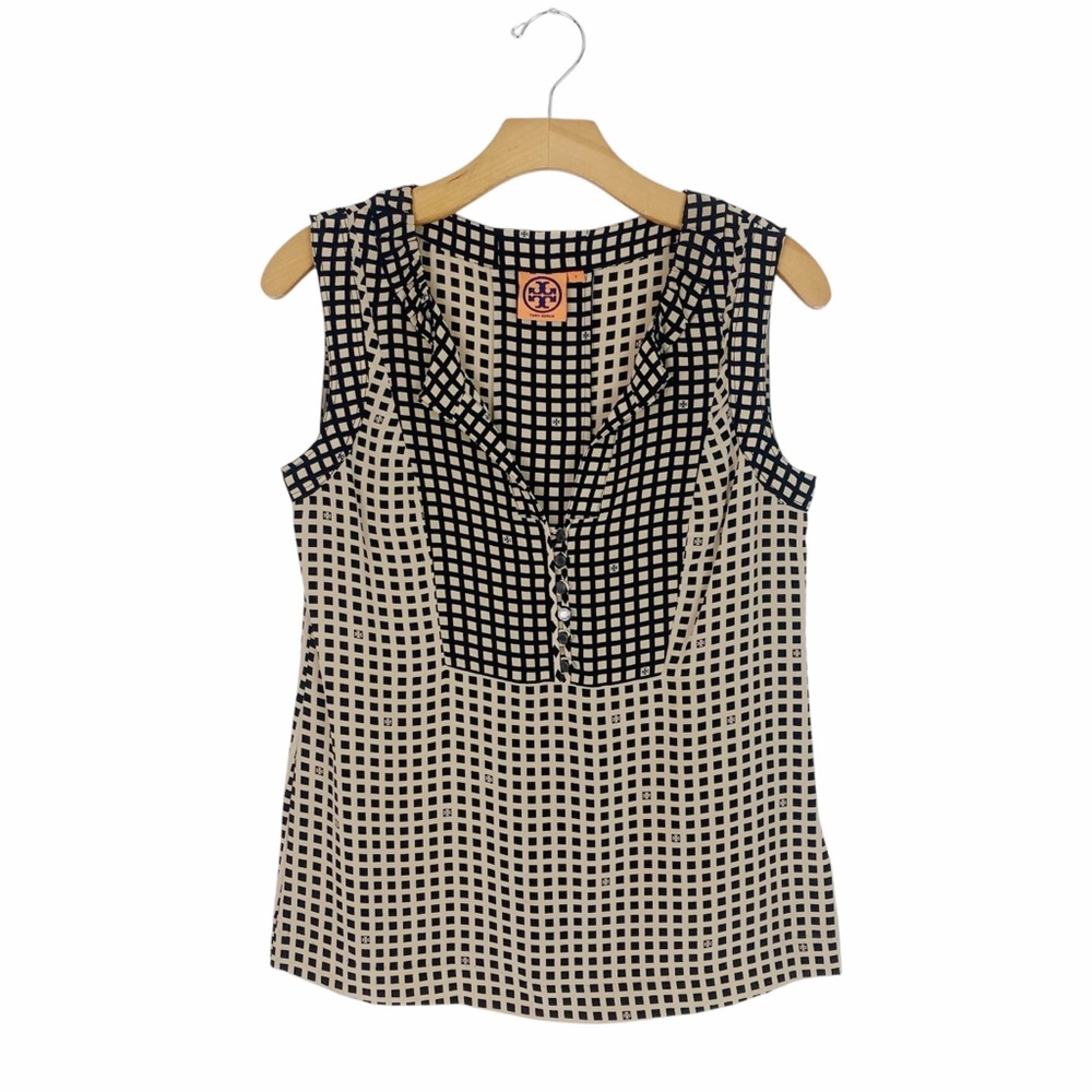 Tory Burch Black and Cream Geometric Sleeveless Top Size 2